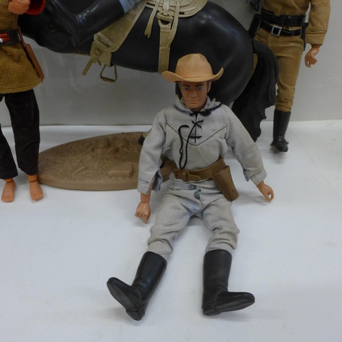 722 - Five original Lone Rangers figures by Louis Marx with jointed poseable horse and stand, guns and ins... 