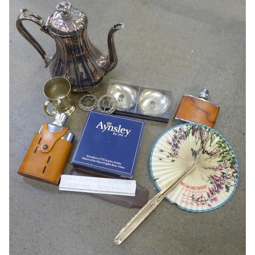 789 - A James Dixon & Sons plated teapot, two flasks, a cup, an engineering ruler in leather sleeve, two s... 