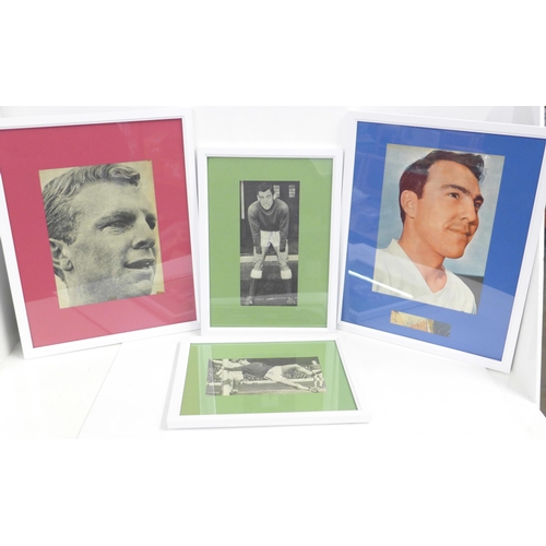 827 - Four framed signed football pictures, Gordon Banks (2), Bobby Moore and Jimmy Greaves