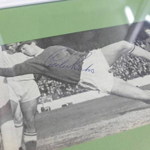 827 - Four framed signed football pictures, Gordon Banks (2), Bobby Moore and Jimmy Greaves