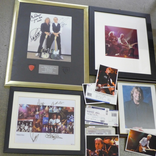 831 - Status Quo pictures, some signed with a collection of concert ticket stubs