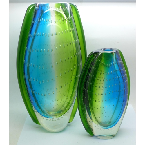 832 - Two controlled bubble glass vases, with labels marked Star, tallest 29.5cm