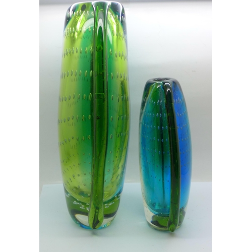 832 - Two controlled bubble glass vases, with labels marked Star, tallest 29.5cm