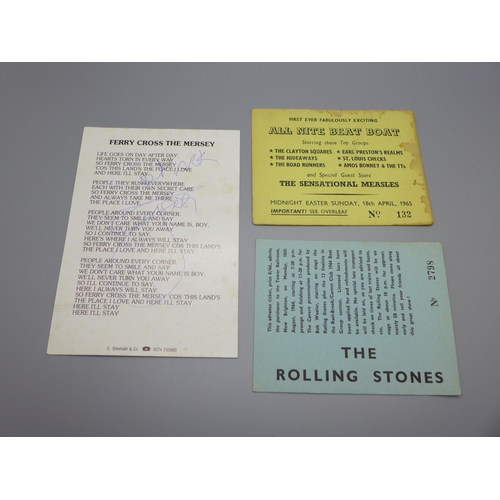 849 - A Rolling Stones ticket for New Brighton 1964, an All Nite Beat Boat ticket 1965 and a Gerry and the... 