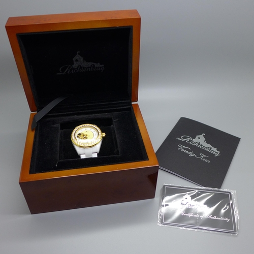 862 - A lady's Richtenburg white ceramic wristwatch, automatic bumper movement, with box, (unworn)