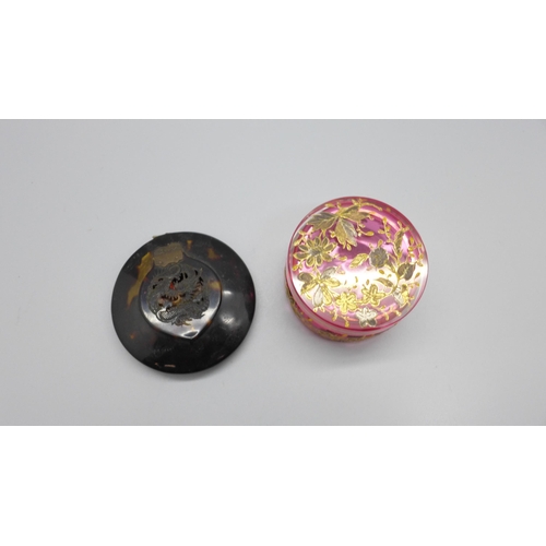 874 - A cranberry glass pot and a tortoiseshell compact decorated with an oriental dragon, a/f