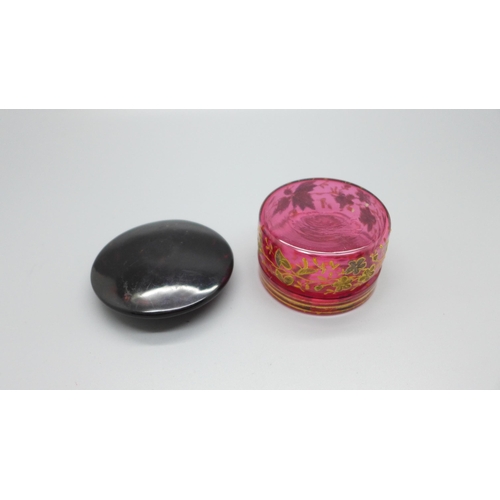 874 - A cranberry glass pot and a tortoiseshell compact decorated with an oriental dragon, a/f