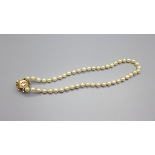 877 - A pearl necklet with 9ct gold clasp, one pearl missing