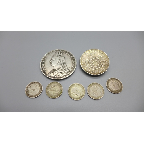 888 - A Victorian 1889 silver crown, five 3d coins and an Indian 1881 coin with mounted pin