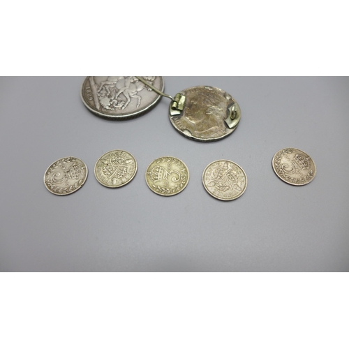 888 - A Victorian 1889 silver crown, five 3d coins and an Indian 1881 coin with mounted pin