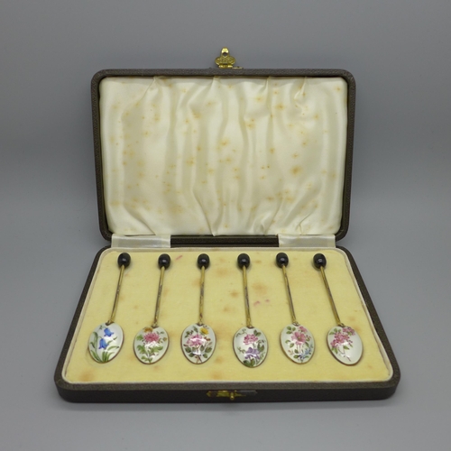 897 - A set of six silver and enamel spoons, Birmingham 1941, one with shallow chip to the enamel, associa... 