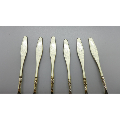 898 - A cased set of six silver and enamel spoons, one with shallow chip to the enamel