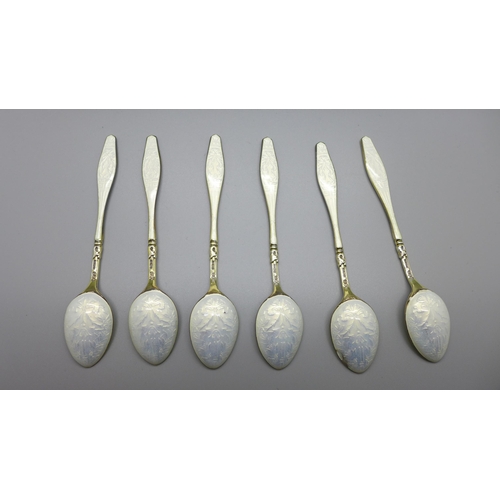 898 - A cased set of six silver and enamel spoons, one with shallow chip to the enamel