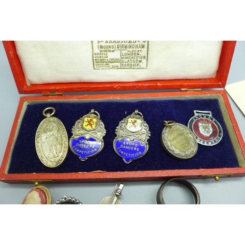 903 - Two silver and enamel Sword Dancers Competition fob medals, two Butlin's badges, other badges, jewel... 