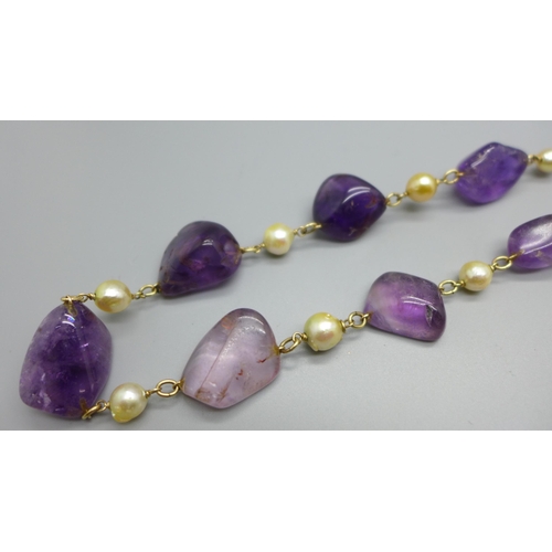 907 - An amethyst and cultured Ciro pearl necklace and a pair of similar clip-on earrings