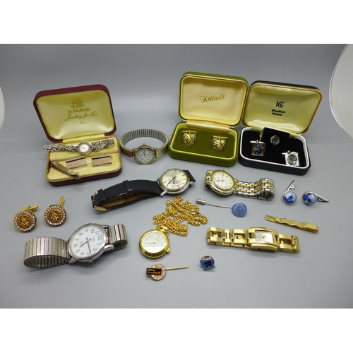 935 - A collection of jewellery and wristwatches, including silver cufflinks, a silver tie-pin and a silve... 