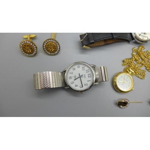 935 - A collection of jewellery and wristwatches, including silver cufflinks, a silver tie-pin and a silve... 