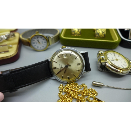 935 - A collection of jewellery and wristwatches, including silver cufflinks, a silver tie-pin and a silve... 