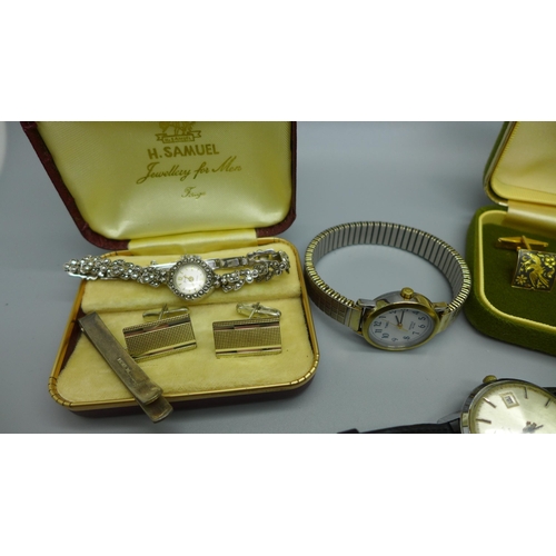 935 - A collection of jewellery and wristwatches, including silver cufflinks, a silver tie-pin and a silve... 