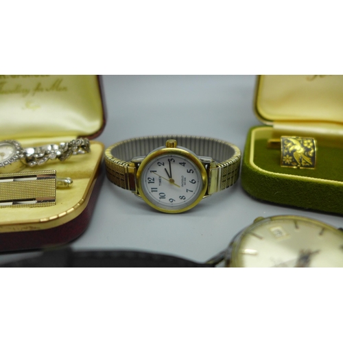 935 - A collection of jewellery and wristwatches, including silver cufflinks, a silver tie-pin and a silve... 