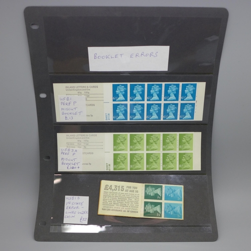 945 - Stamps; GB booklet errors on stock card, 3 booklets including scarce UFB3A Perf. P.