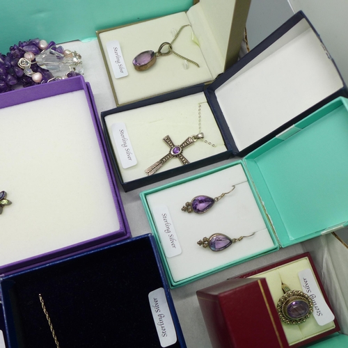 947 - A collection of sterling silver set jewellery including amethyst