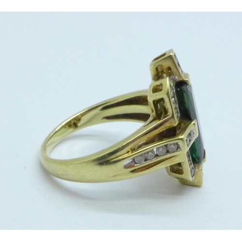 985 - A 9ct gold, diamond and tourmaline ring, 4.9g, N