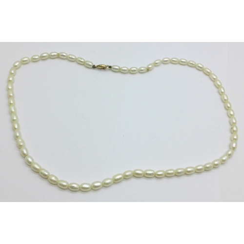 990 - A cultured seed pearl necklace on 9ct gold clasp, 42cm length