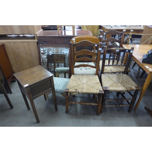 289 - Three 18th Century elm rush seated chairs, a Victorian walnut chair, a stool, sewing box and mirror