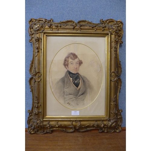 338 - H E Hobson, oval portrait of a gentleman, watercolour, dated 1847, framed