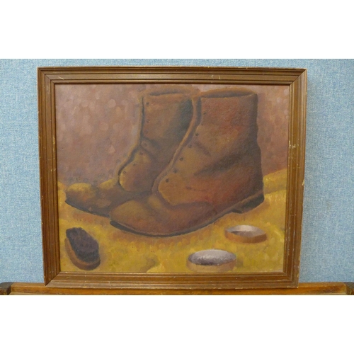 343 - English School (mid 20th Century), still life of boots, oil on canvas, framed