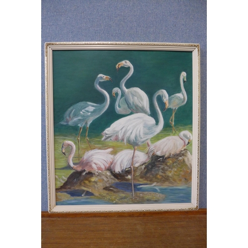 344 - English School (mid 20th Century), study of flamingoes, oil on board, framed