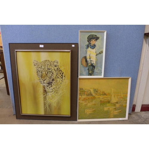 357 - A Vernon Ward print, harbour scene, a Phil Prentice print, leopard and one other