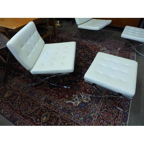 91 - A Barcelona style chrome and white faux leather chair and stool