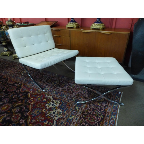 91a - A Barcelona style chrome and white faux leather chair and stool