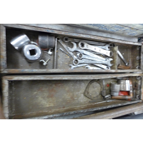 2013 - Metal cantilever toolbox and 3 boxes of assorted tools