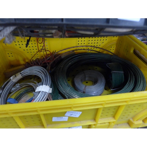 2088 - Crate of mixed rope, crate of wire and a roll of plastic wire protector