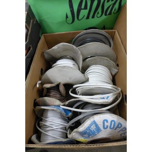 2143 - 3 Boxes of assorted hand tools & reels of cables