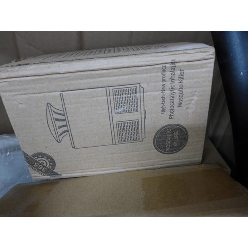 2188 - Box of mixed electricals inc. laptop AC adapter, rugby ball, bike bars, plant pots, etc.