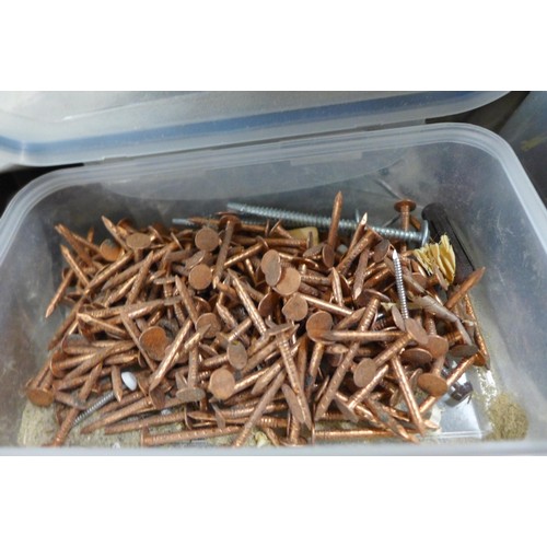 2202 - Box of assorted screws, nails and quantity of door numbers