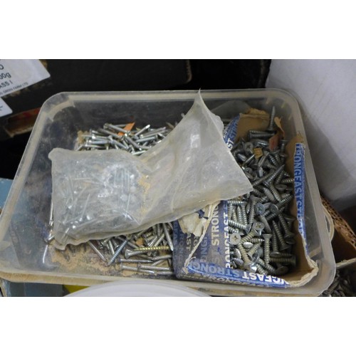 2203 - Box of assorted screws, nails, etc.