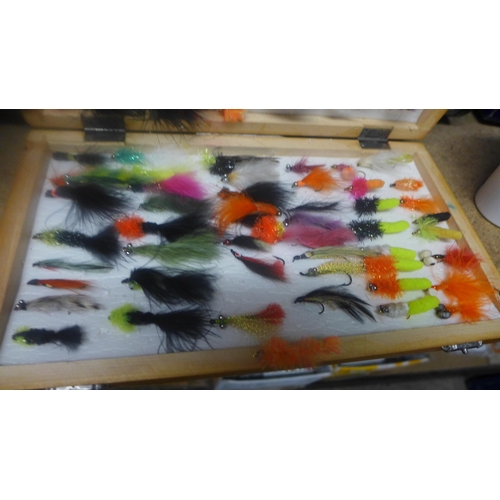 2285 - Box of 100 brightly coloured trout fishing flies in hardwood presentation box