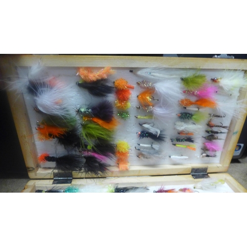 2285 - Box of 100 brightly coloured trout fishing flies in hardwood presentation box