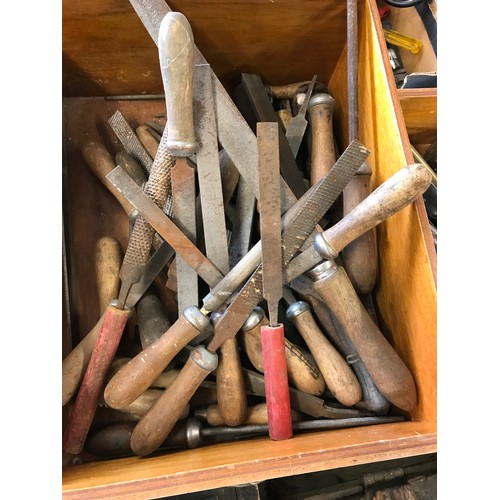 2114 - 2 Wooden drawers & tray containing spanners, files & sockets