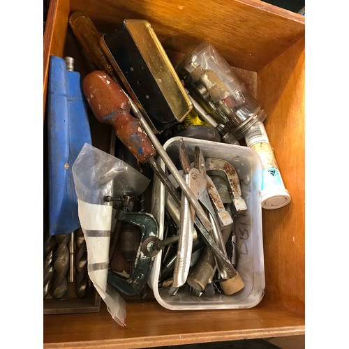 2114 - 2 Wooden drawers & tray containing spanners, files & sockets