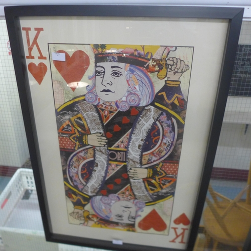 1353 - A framed and glazed King playing card collage print, 90 x 60cms, repair to frame (MP13747)   #