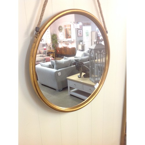 1424 - A large round gold metal mirror on a hanging rope with Hook H58cms  (JRG1116)          #