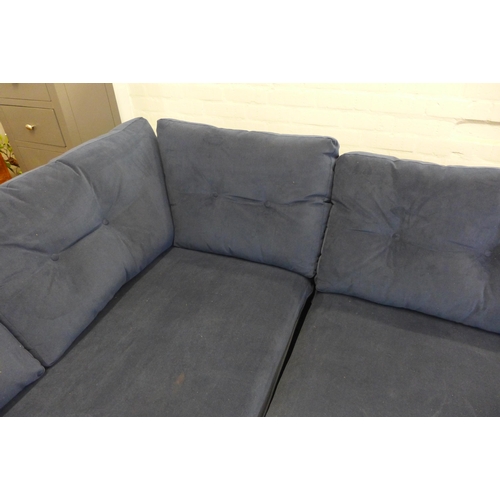 1435 - A blue velvet upholstered corner sofa