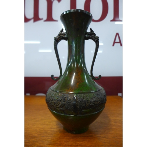 13 - A Chinese verdigris coloured bronze two handled vase