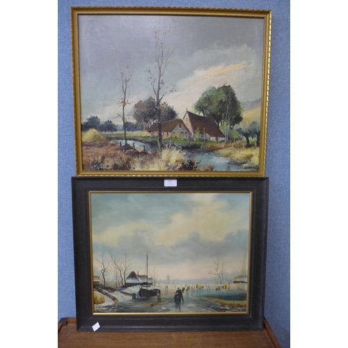 337 - A river landscape, oil on canvas and a Dutch scene, oil on canvas, both framed